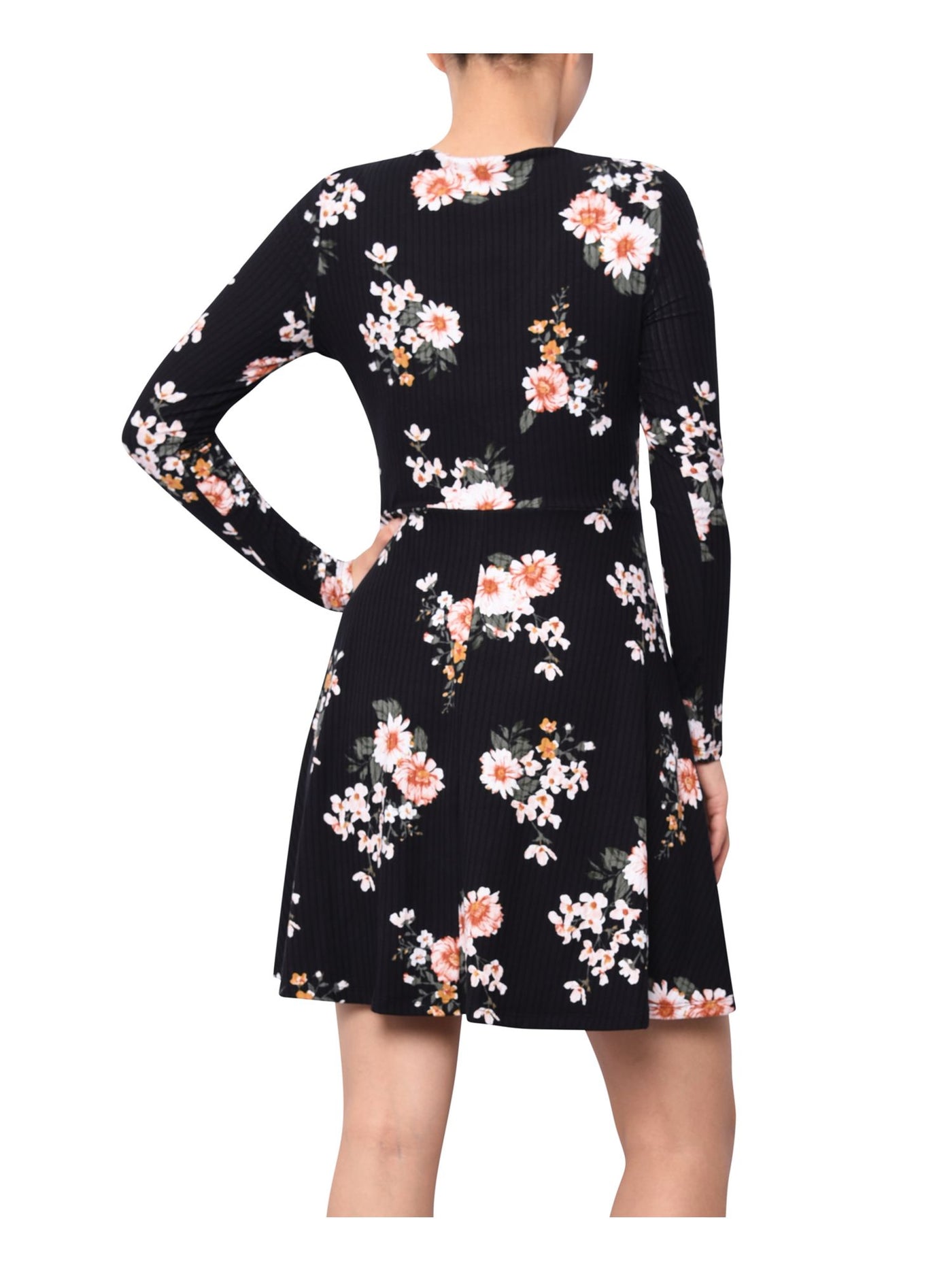 PLANET GOLD Womens Black Floral Long Sleeve V Neck Above The Knee Fit + Flare Dress XXS
