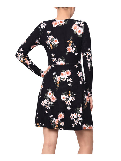 PLANET GOLD Womens Black Floral Long Sleeve V Neck Above The Knee Fit + Flare Dress XXS