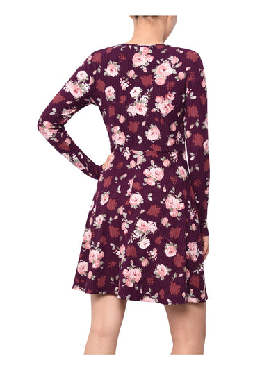 PLANET GOLD Womens Burgundy Floral Long Sleeve V Neck Above The Knee Fit + Flare Dress S