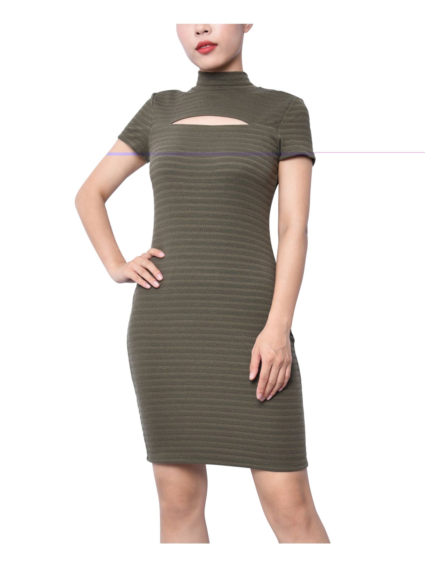 PLANET GOLD Womens Green Cut Out Striped Short Sleeve Mock Short Party Body Con Dress S