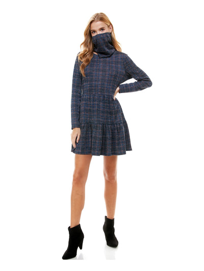 BEBOP Womens Navy Plaid Long Sleeve Scoop Neck Short Fit + Flare Dress XS