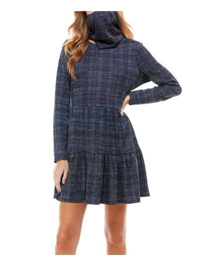 BEBOP Womens Navy Plaid Long Sleeve Scoop Neck Short Fit + Flare Dress S