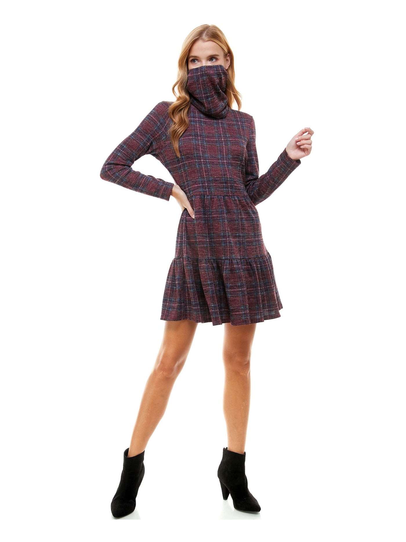 BEBOP Womens Long Sleeve Scoop Neck Tiered Short Sheath Dress