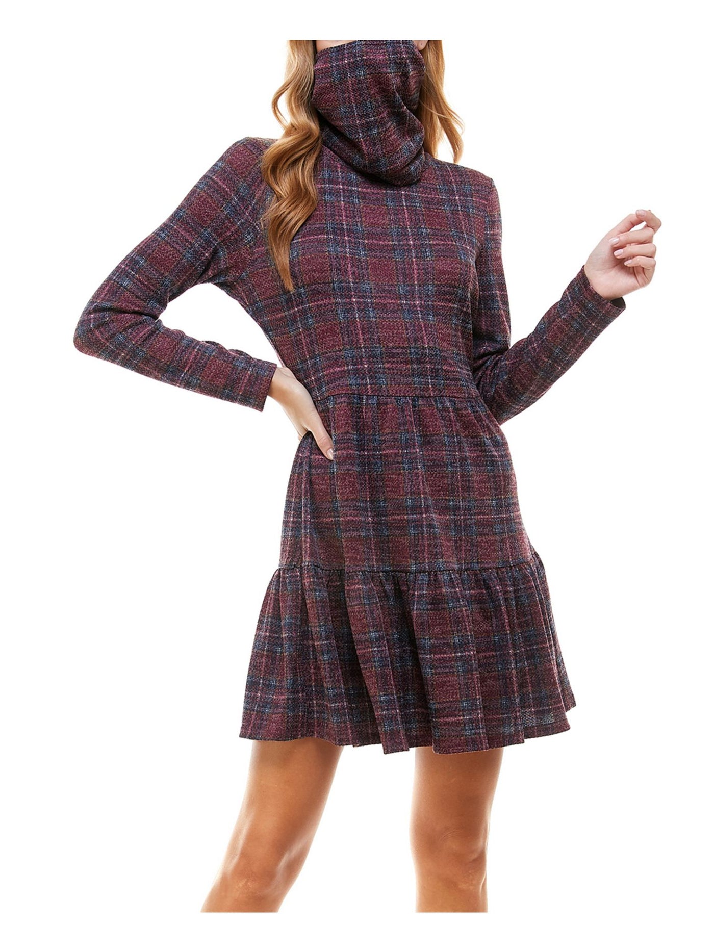 BEBOP Womens Navy Plaid Long Sleeve Jewel Neck Short Drop Waist Dress L