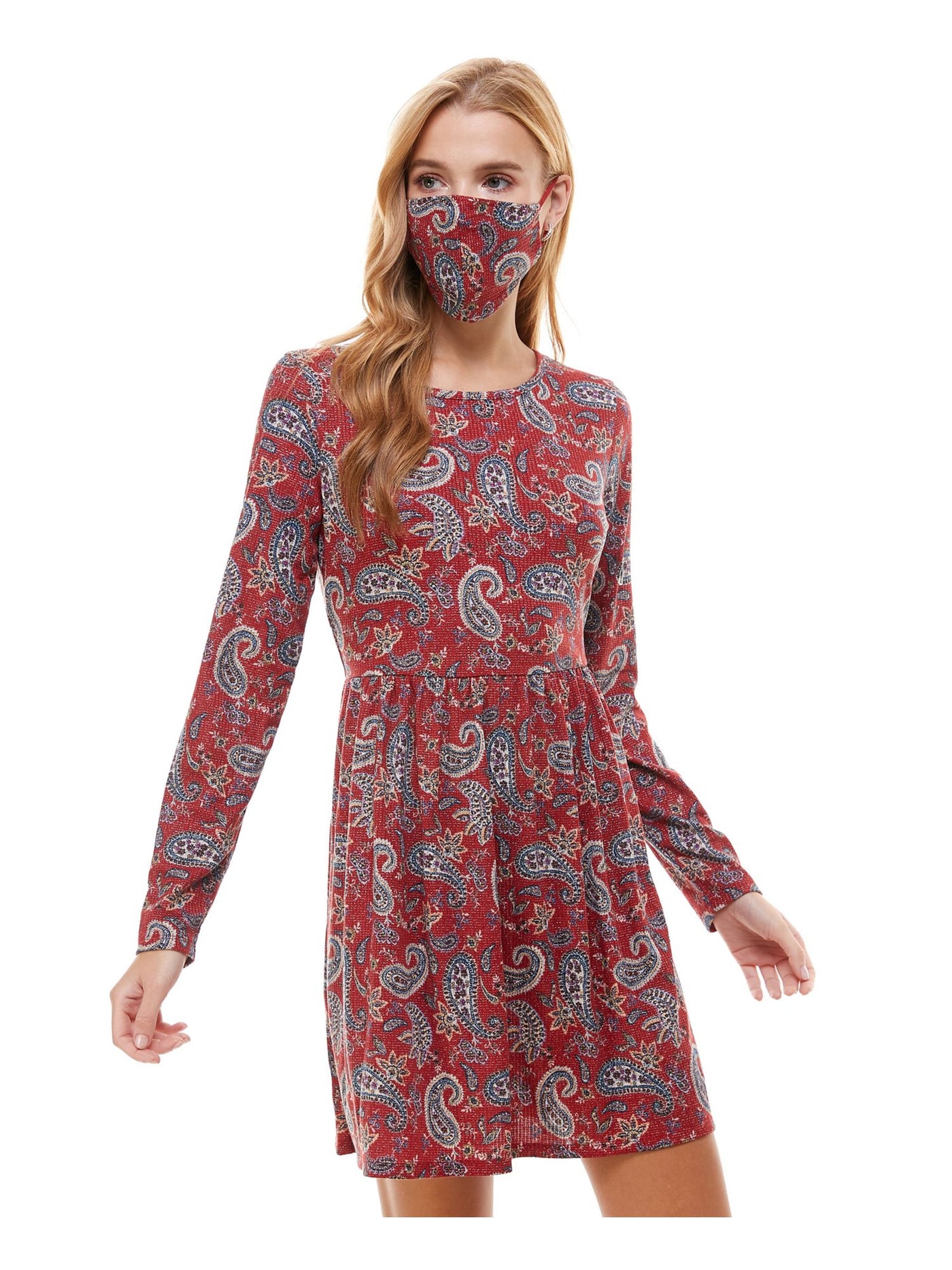 BEBOP Womens Red Glitter W/ Mask Paisley Long Sleeve Crew Neck Short Fit + Flare Dress L