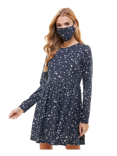 BEBOP Womens Navy Printed Long Sleeve Crew Neck Short Fit + Flare Dress M