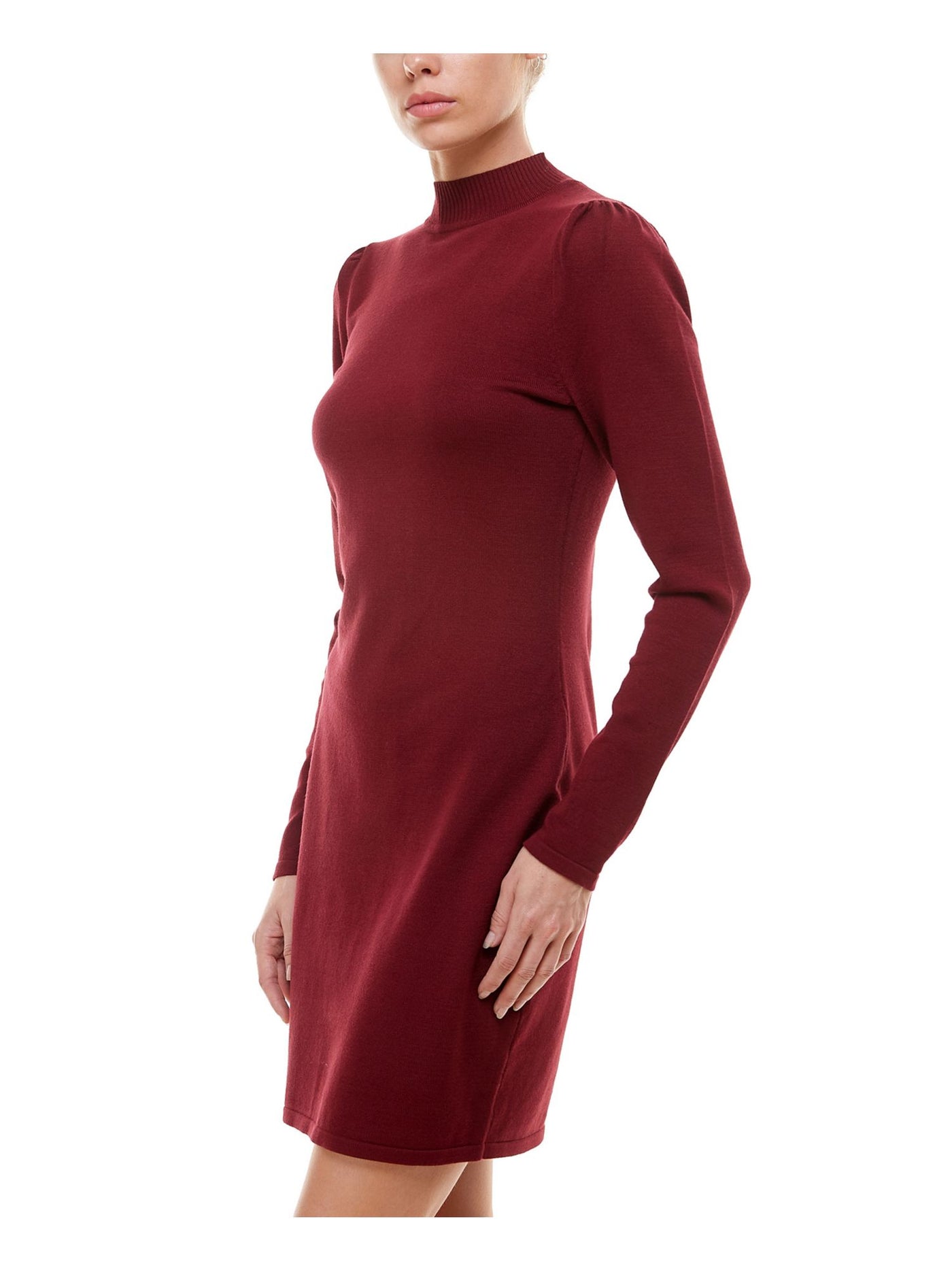 PLANET GOLD Womens Burgundy Textured Long Sleeve Turtle Neck Short Sheath Dress XS