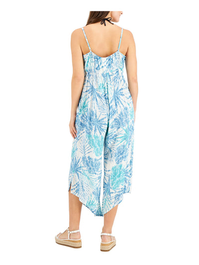 J. VALDI Women's Blue Printed Tie Pocketed Jumpsuit Adjustable Deep V Neck Swimsuit Cover Up M