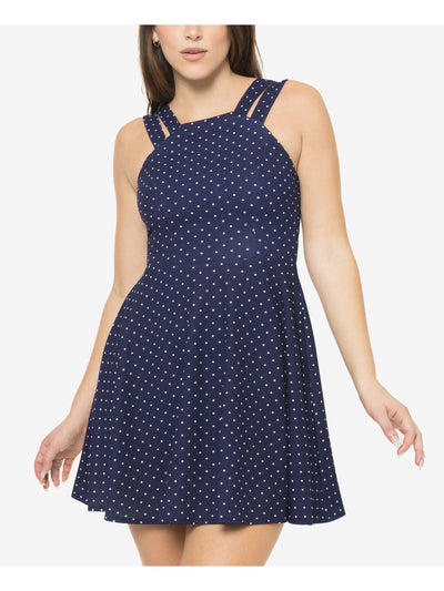 B DARLIN Womens Navy Zippered Double Strap Polka Dot Square Neck Mini Fit + Flare Dress 3\4