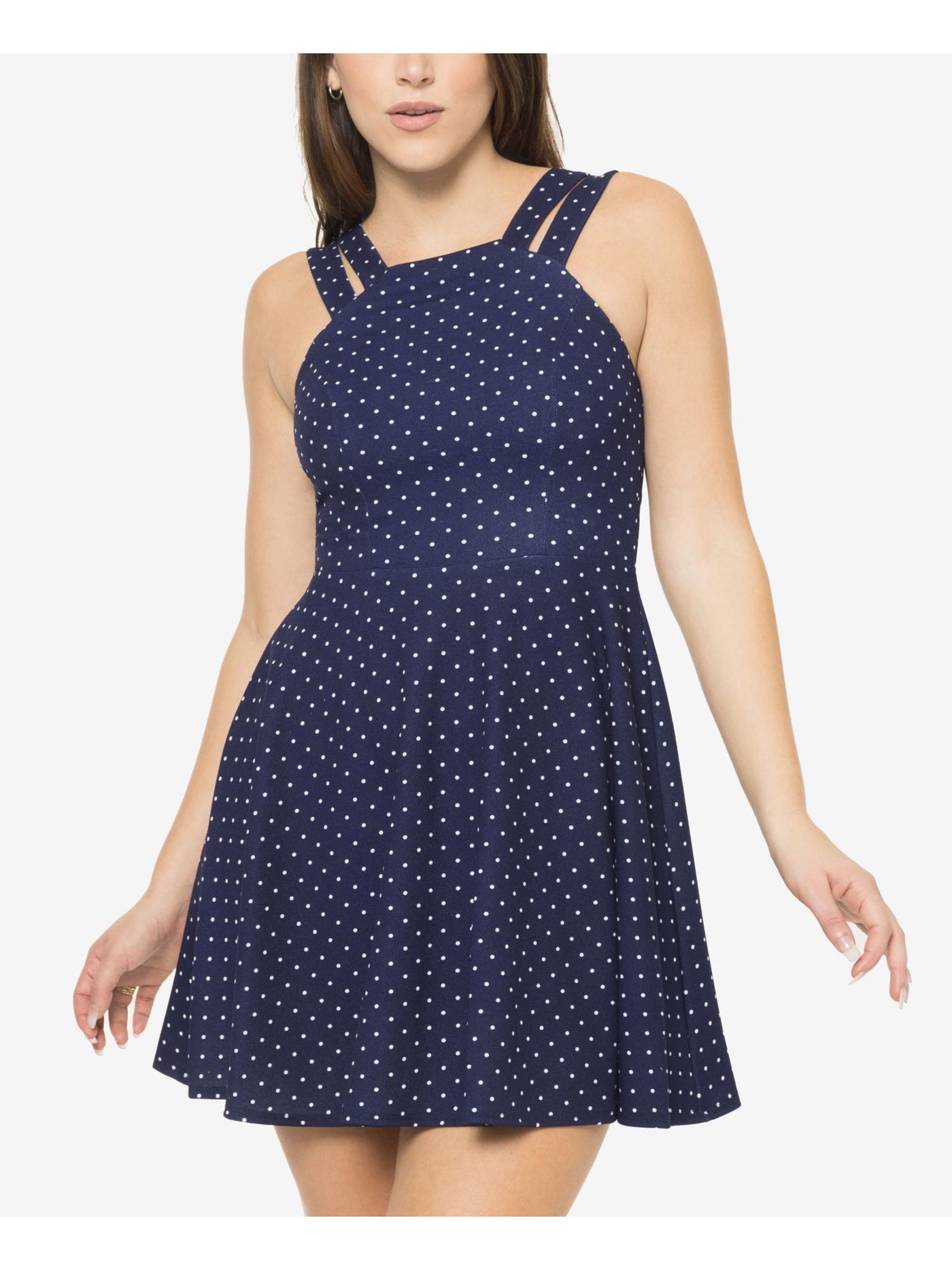 B DARLIN Womens Navy Zippered Double Strap Polka Dot Square Neck Mini Fit + Flare Dress 0