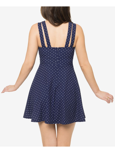 B DARLIN Womens Navy Zippered Double Strap Polka Dot Square Neck Mini Fit + Flare Dress 1\2