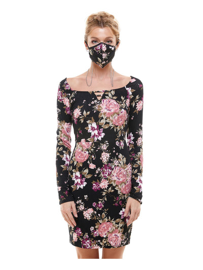 PLANET GOLD Womens Black Floral Long Sleeve Scoop Neck Short Body Con Dress L