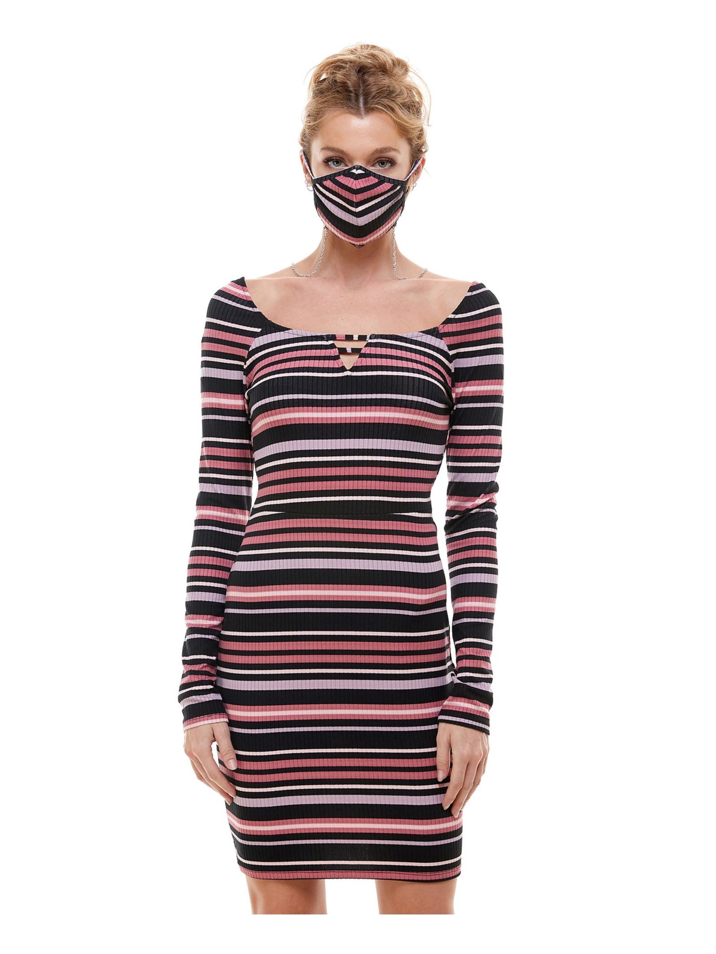 PLANET GOLD Womens Pink Striped Long Sleeve Scoop Neck Short Body Con Dress M