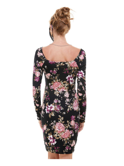 PLANET GOLD Womens Black Floral Long Sleeve Scoop Neck Short Body Con Dress L
