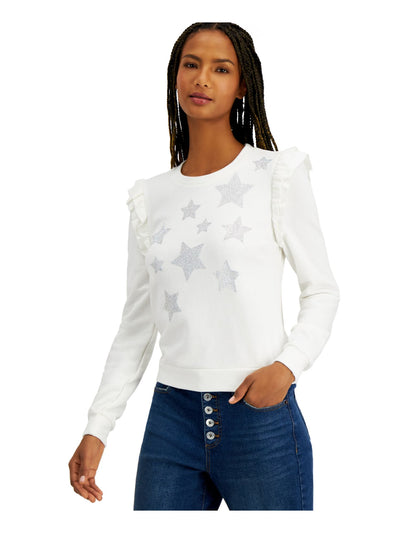 INC Womens White Ruffled Embellished Stars Printed Long Sleeve Top L