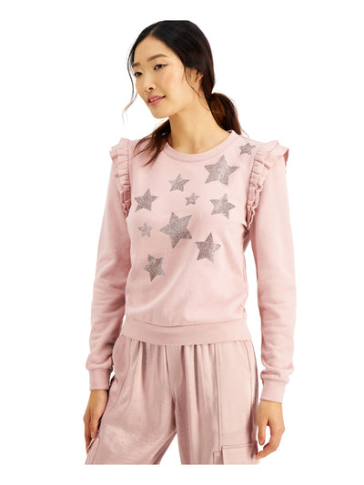 INC Womens Pink Ruffled Embellished Stars Printed Long Sleeve Top XS