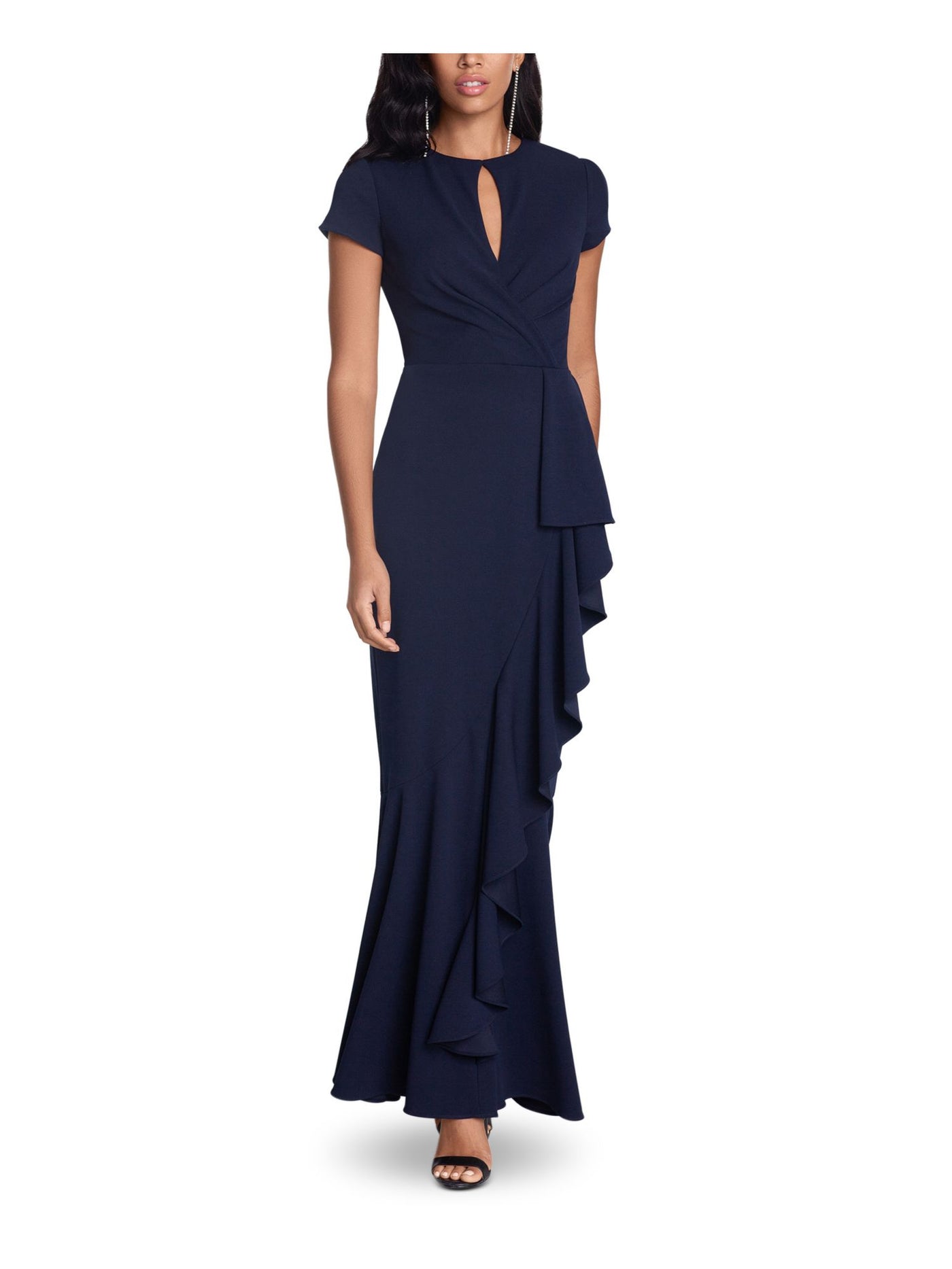 BETSY & ADAM Womens Ruffled Gathered Zippered Short Sleeve Keyhole Maxi Evening Sheath Dress