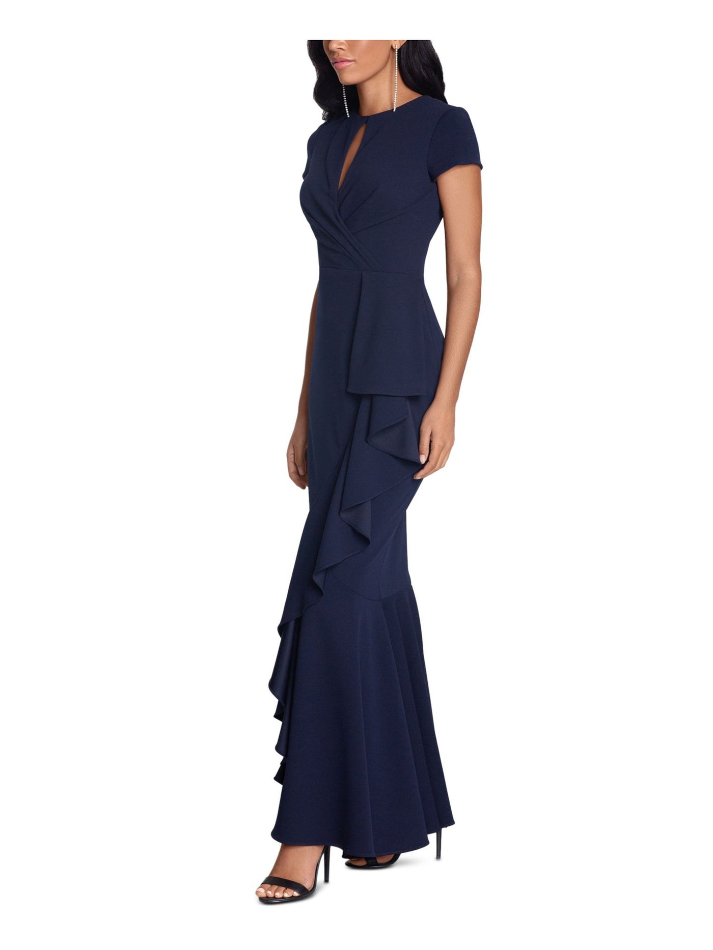 BETSY & ADAM Womens Ruffled Gathered Zippered Short Sleeve Keyhole Maxi Evening Sheath Dress