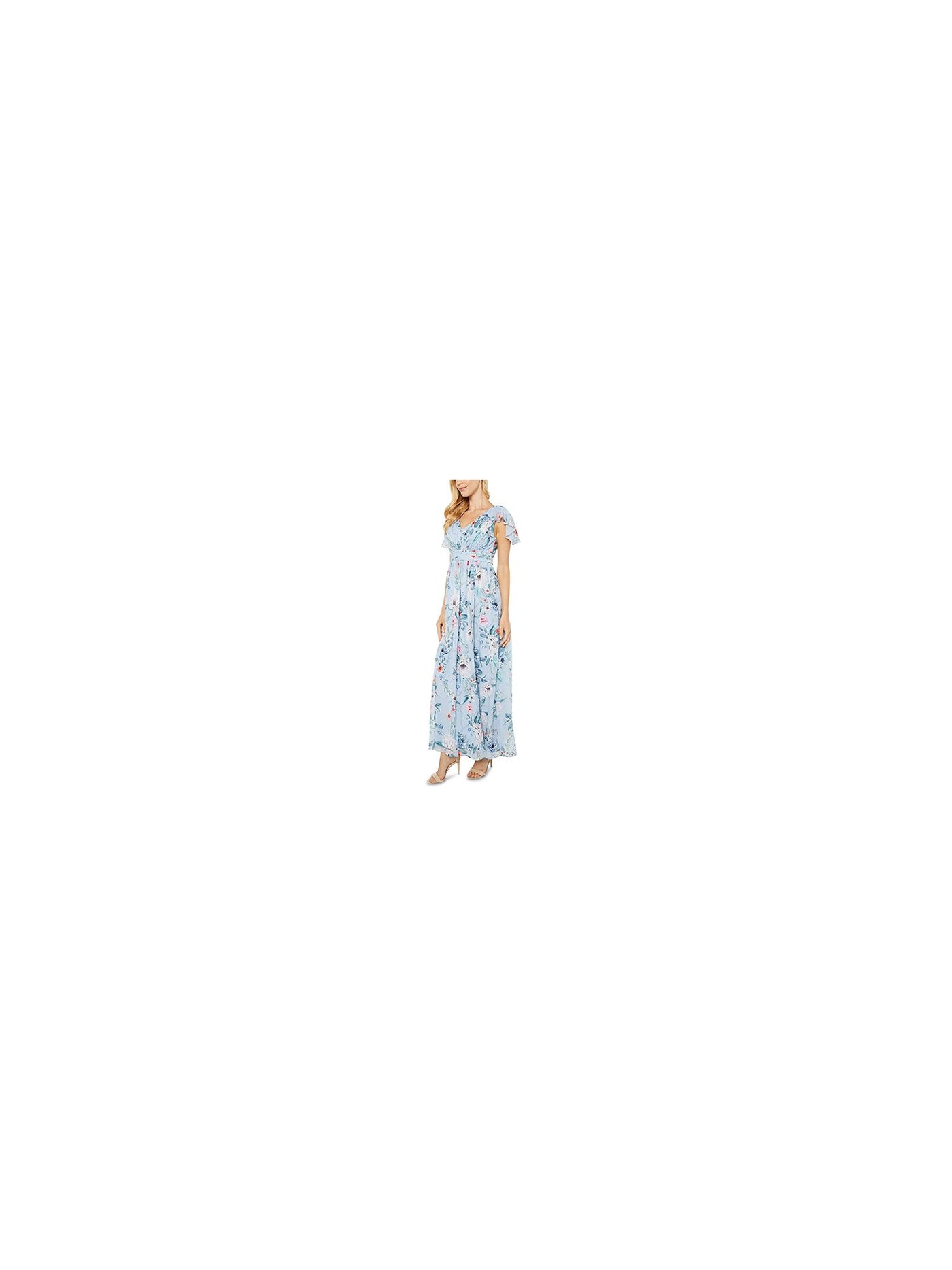 ADRIANNA PAPELL Womens Light Blue Pleated Zippered Chiffon Floral Flutter Sleeve V Neck Maxi Empire Waist Dress Petites 4P