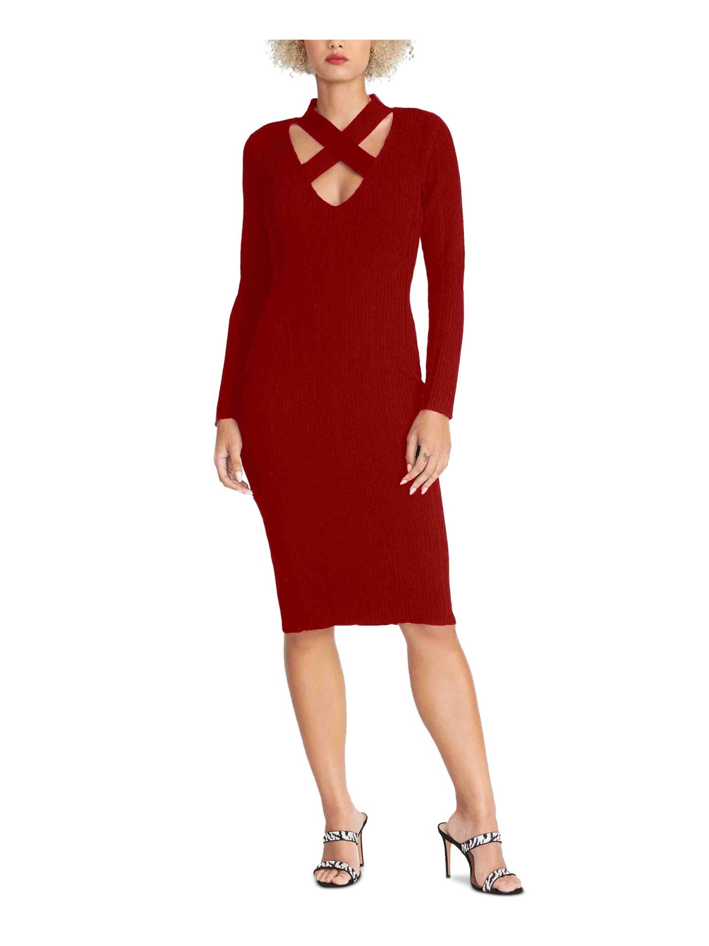 RACHEL RACHEL ROY Womens Red Textured Long Sleeve Keyhole Below The Knee Evening Body Con Dress XL