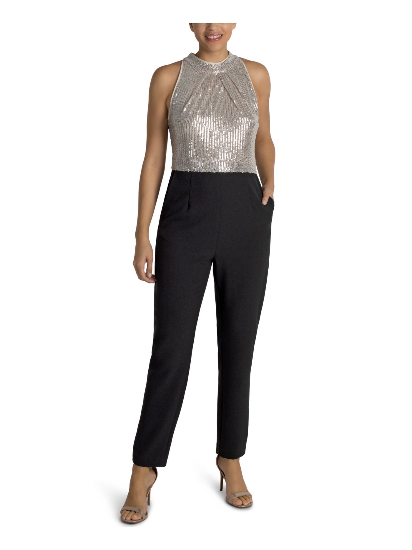 JULIA JORDAN Womens Black Stretch Sequined Zippered Pleated  Darted Pocketed Back-ke Color Block Sleeveless Halter Evening Straight leg Jumpsuit 6