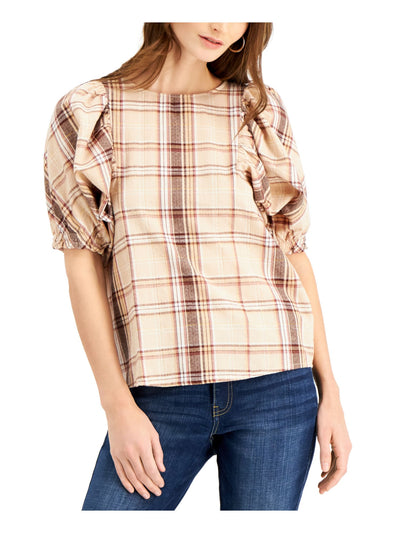 INC Womens Gold Threaded Plaid Pouf Crew Neck Top Size: M