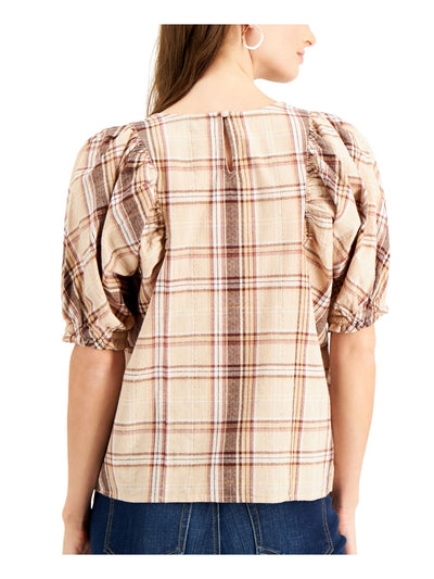 INC Womens Gold Threaded Plaid Pouf Crew Neck Top Size: M