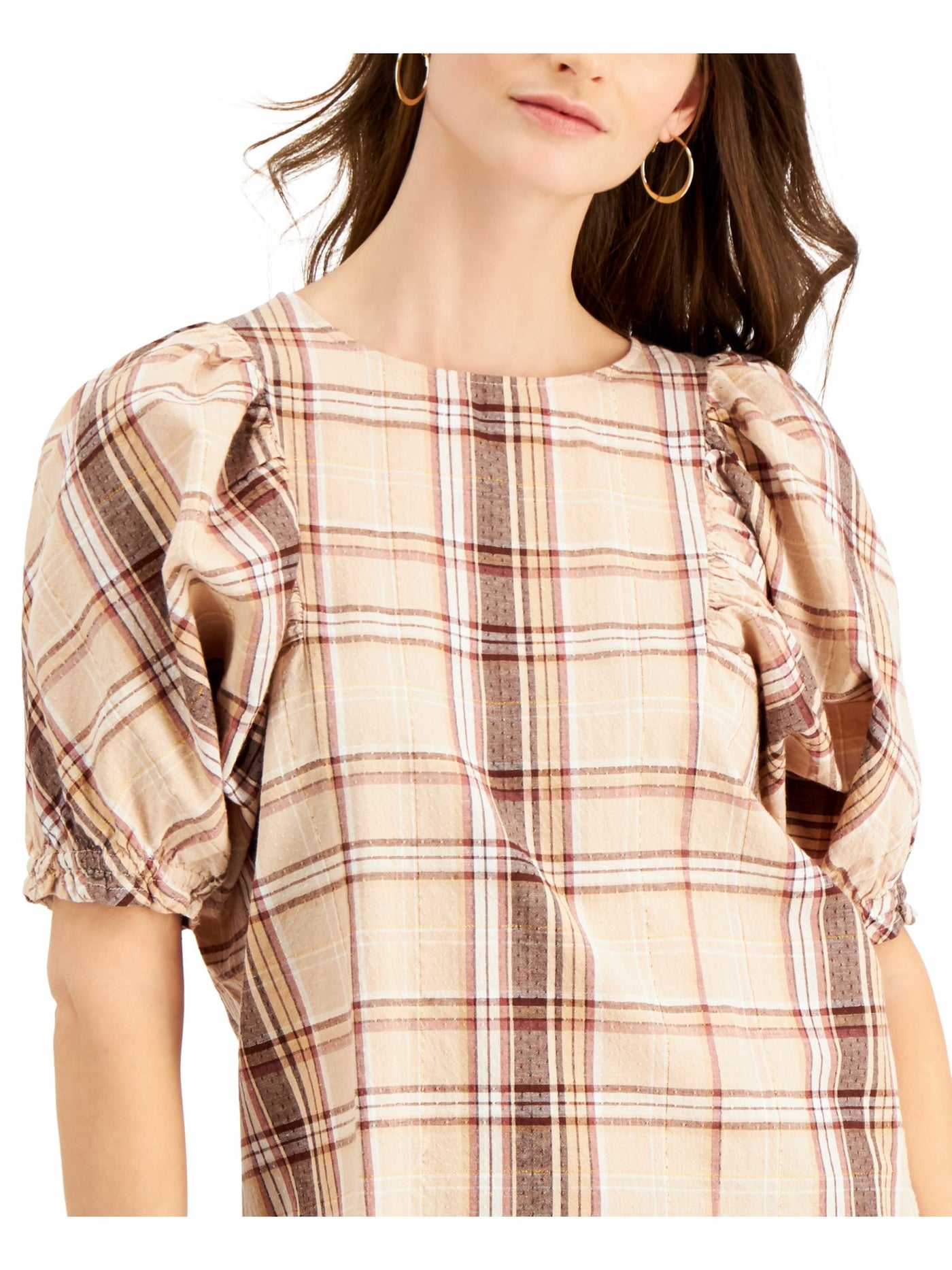 INC Womens Brown Gold Threaded Plaid Pouf Crew Neck Top Size: XS