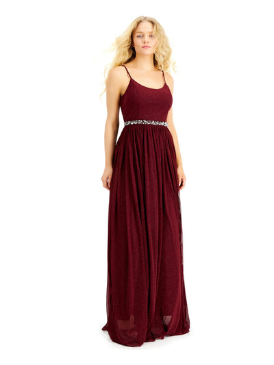 SPEECHLESS Womens Maroon Glitter Sheer Spaghetti Strap Scoop Neck Full-Length Evening Empire Waist Dress 15