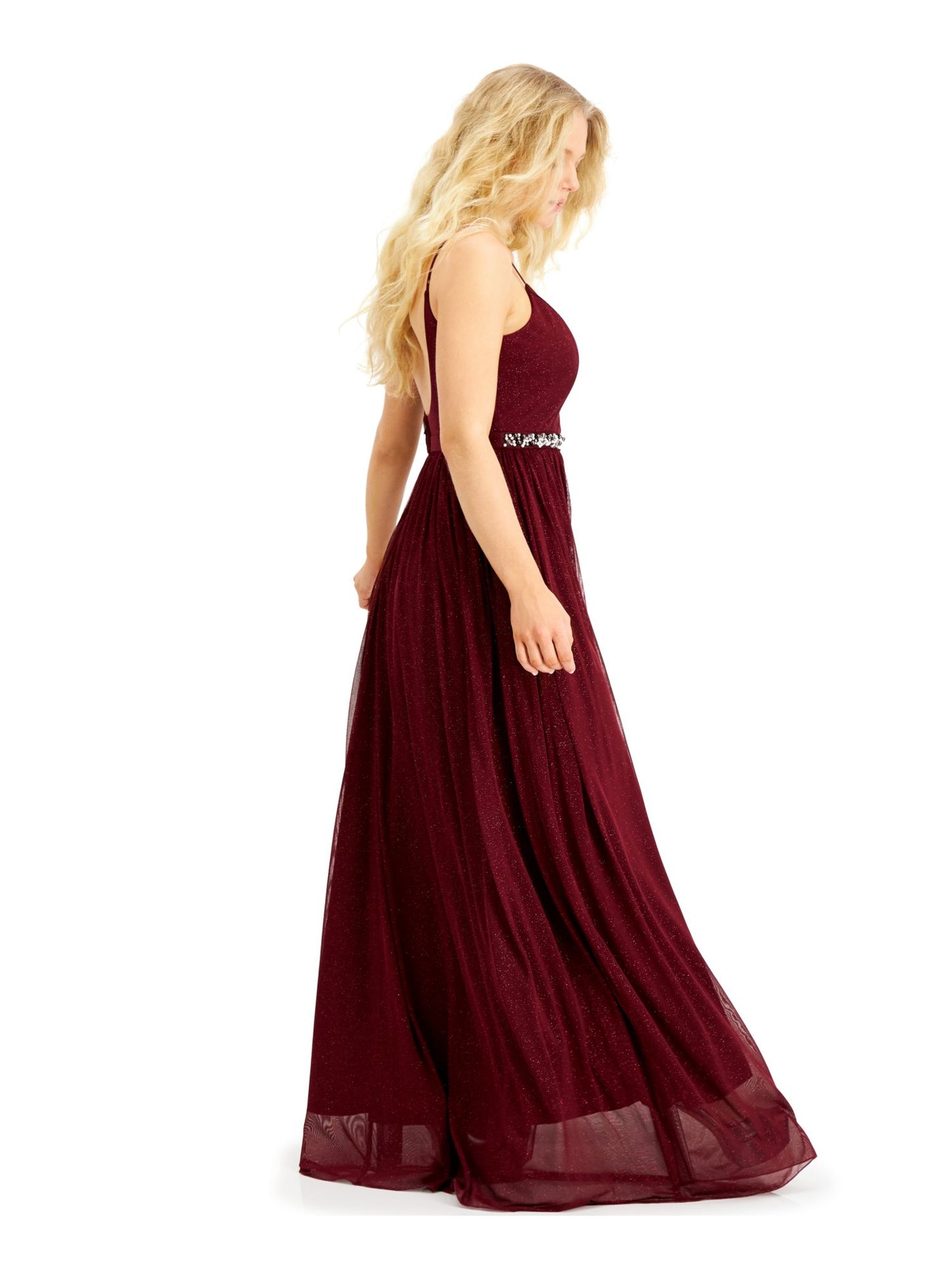 SPEECHLESS Womens Burgundy Glitter Sheer Spaghetti Strap Scoop Neck Full-Length Evening Empire Waist Dress 1