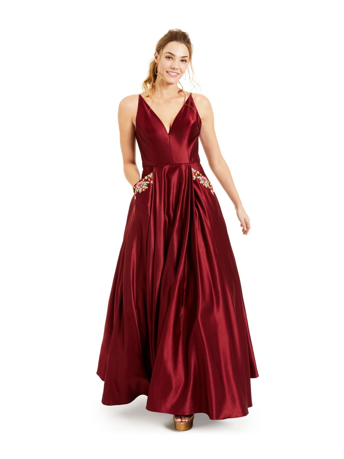 BLONDIE Womens Red Embellished Pocketed Satin Ballgown Spaghetti Strap V Neck Full-Length Formal A-Line Dress 0