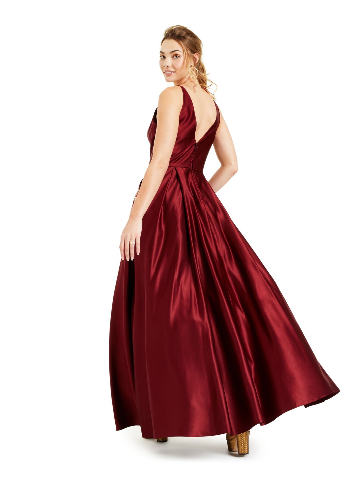 BLONDIE Womens Embellished Pocketed Satin Ballgown Spaghetti Strap V Neck Full-Length Formal A-Line Dress