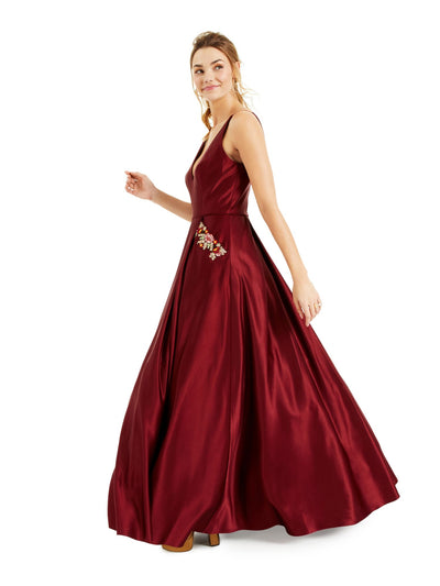 BLONDIE Womens Red Embellished Pocketed Satin Ballgown Spaghetti Strap V Neck Full-Length Formal A-Line Dress 0