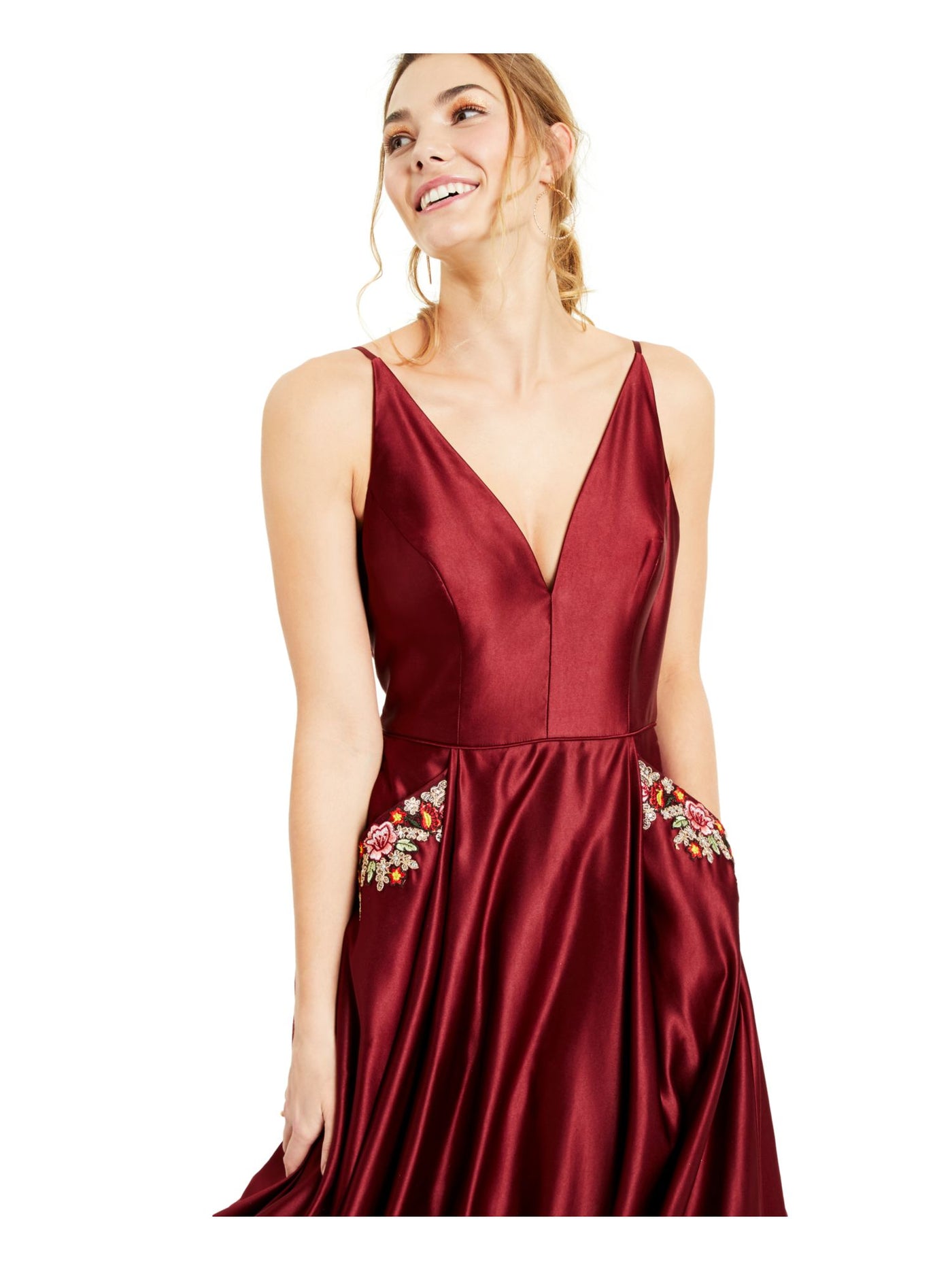 BLONDIE Womens Maroon Embellished Pocketed Satin Ballgown Spaghetti Strap V Neck Full-Length Formal A-Line Dress 5