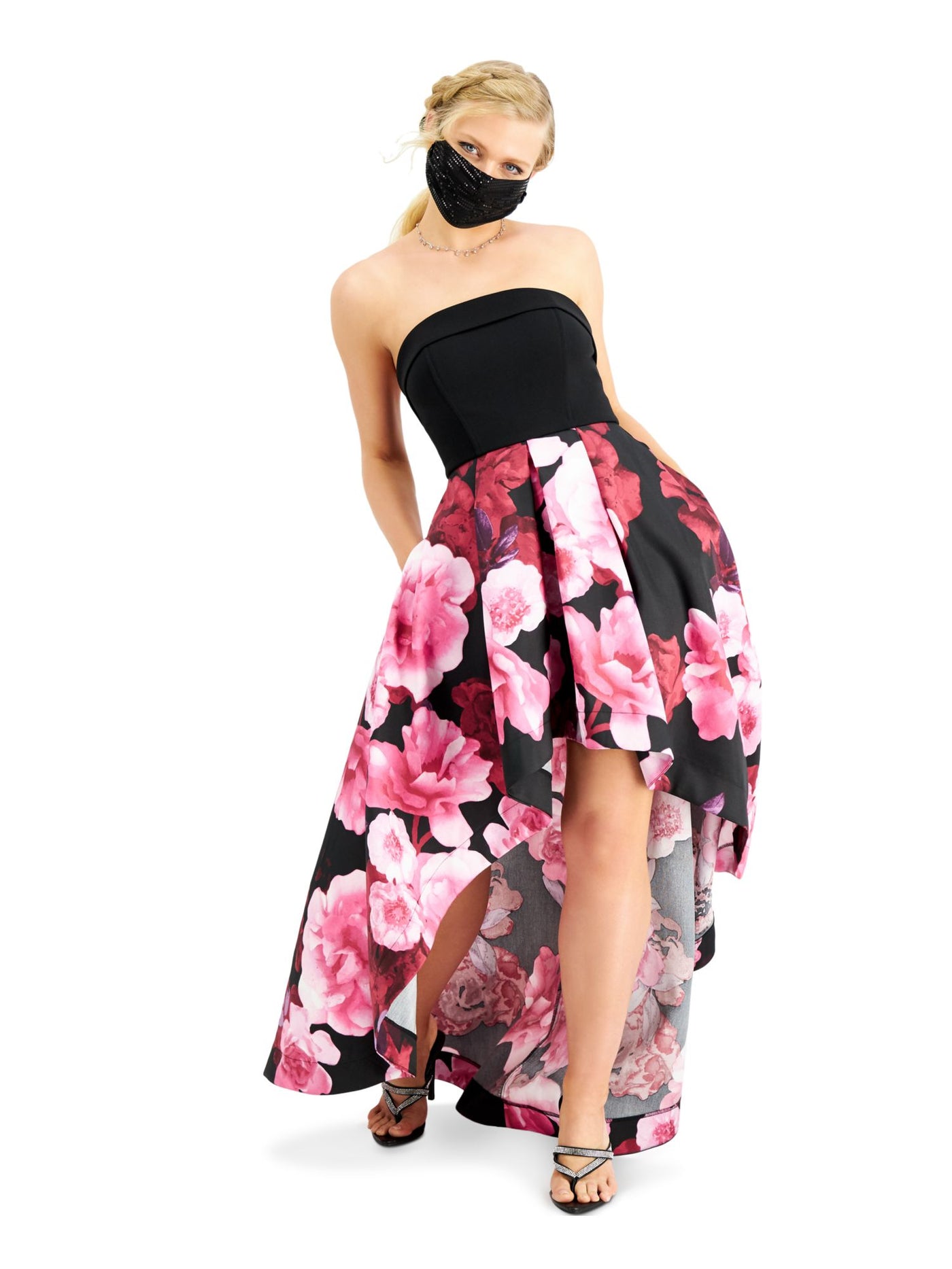 SPEECHLESS Womens Black Pocketed Zippered Floral Sleeveless Strapless Full-Length Prom Hi-Lo Dress 1