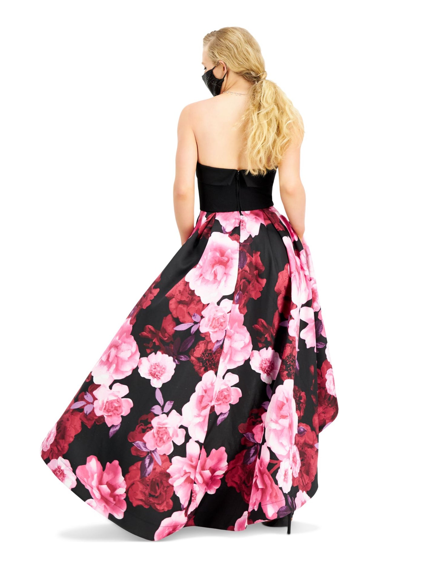 SPEECHLESS Womens Black Pocketed Zippered Floral Sleeveless Strapless Full-Length Prom Hi-Lo Dress 3