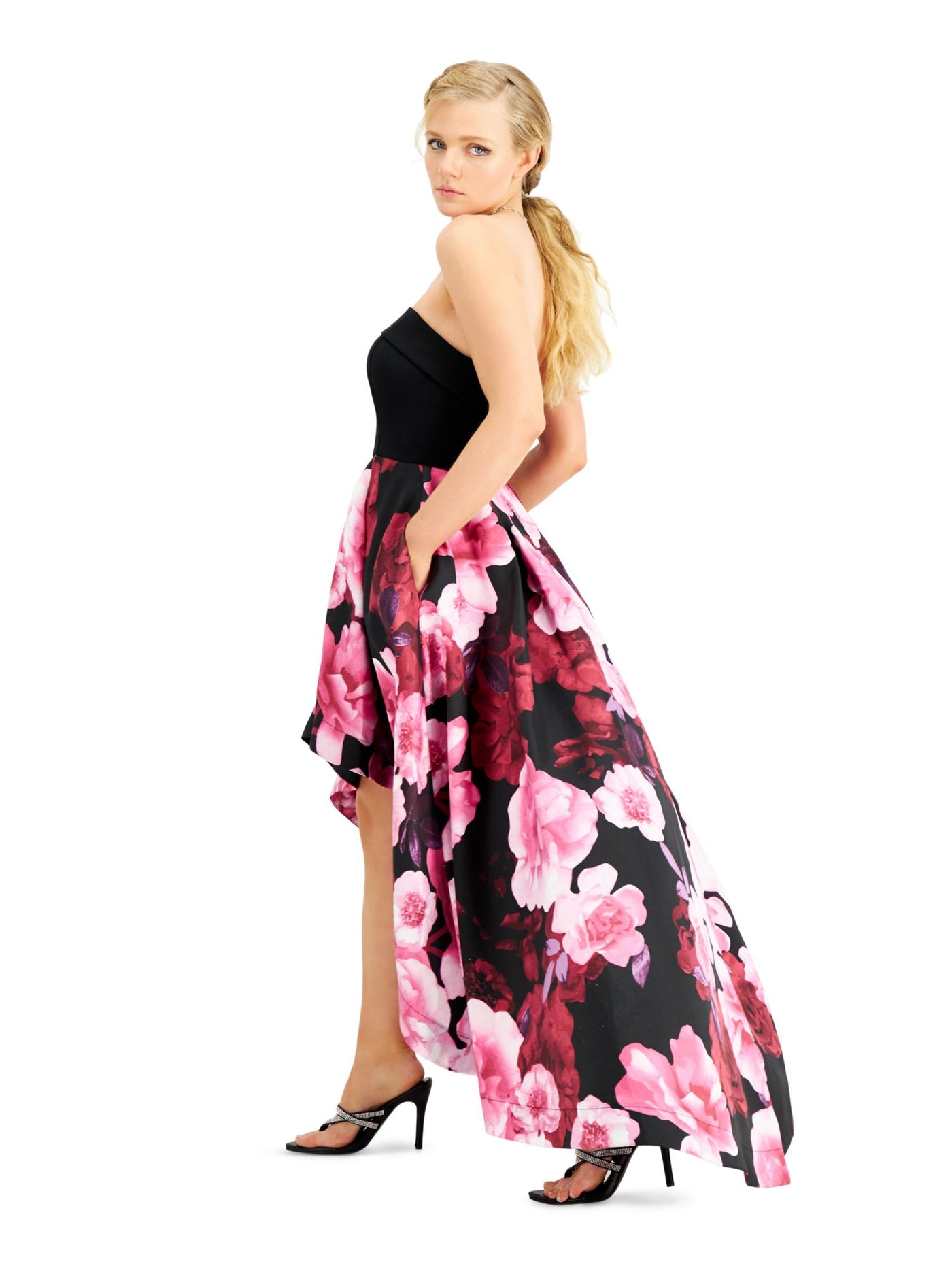 SPEECHLESS Womens Black Pocketed Zippered Floral Sleeveless Strapless Full-Length Prom Hi-Lo Dress 3