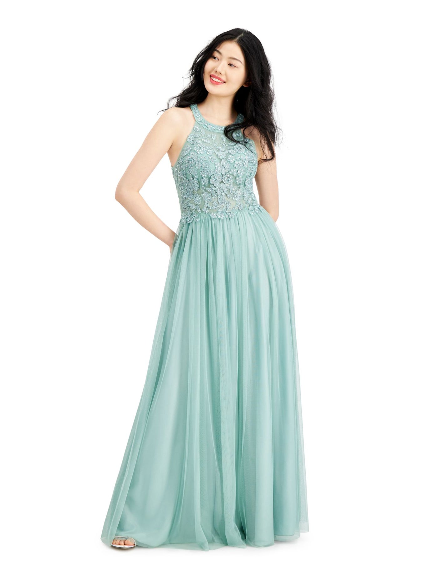 SPEECHLESS Womens Green Embellished Lace Gown Sleeveless Halter Full-Length Prom Gown Dress 11