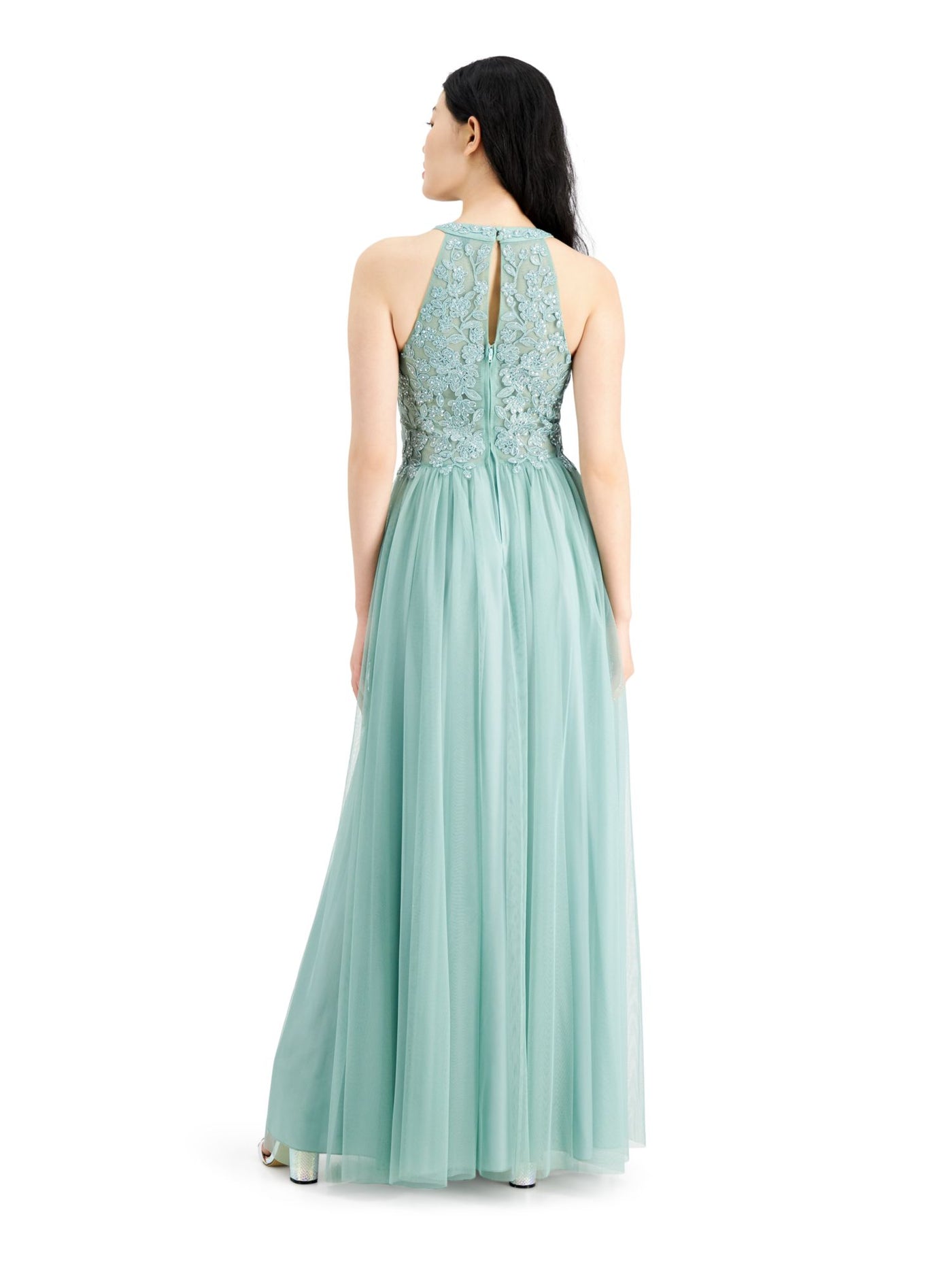 SPEECHLESS Womens Turquoise Embroidered Embellished Lace Gown Sleeveless Halter Full-Length Prom Dress 0