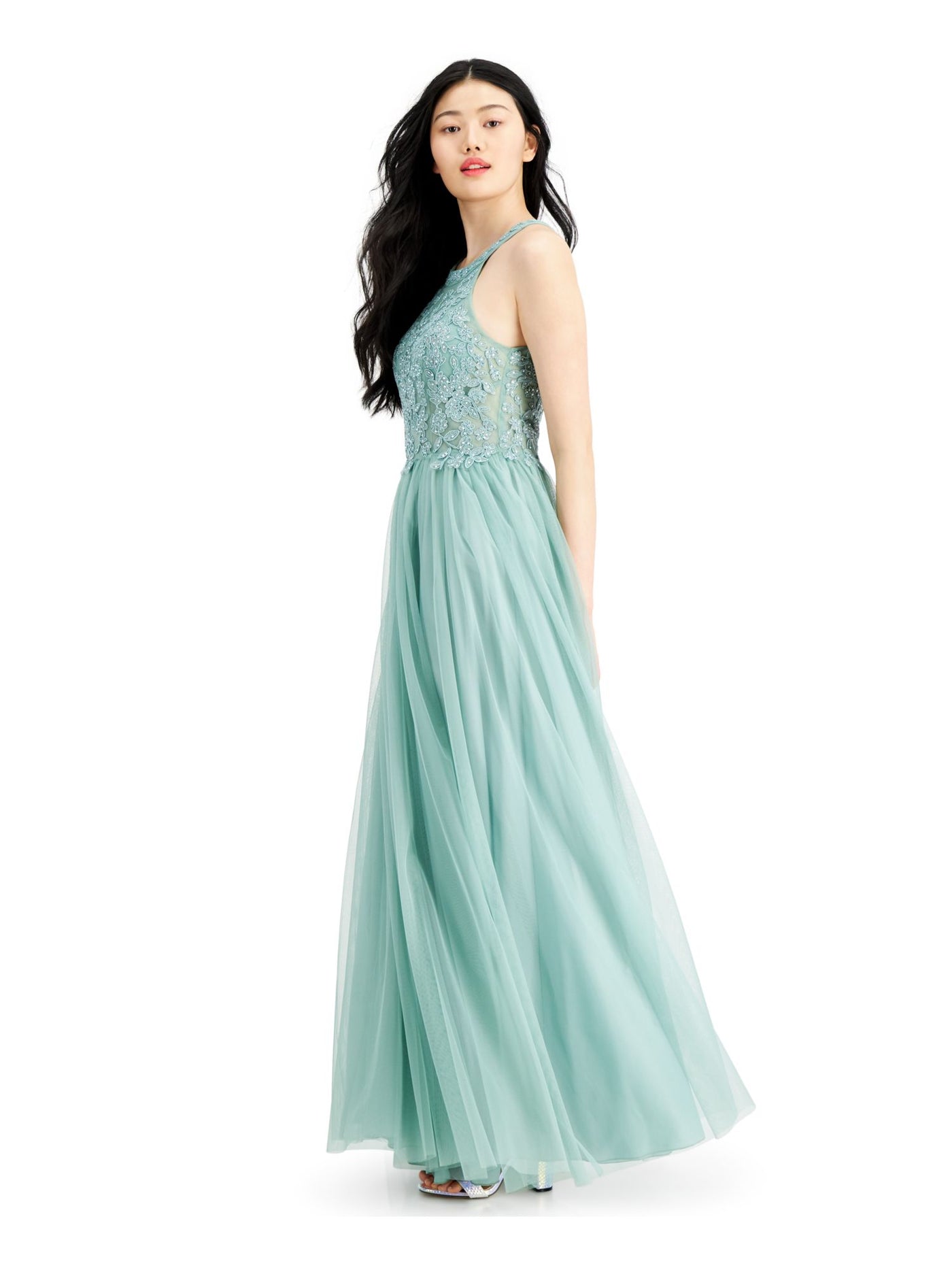 SPEECHLESS Womens Green Embellished Lace Gown Sleeveless Halter Full-Length Prom Gown Dress 13