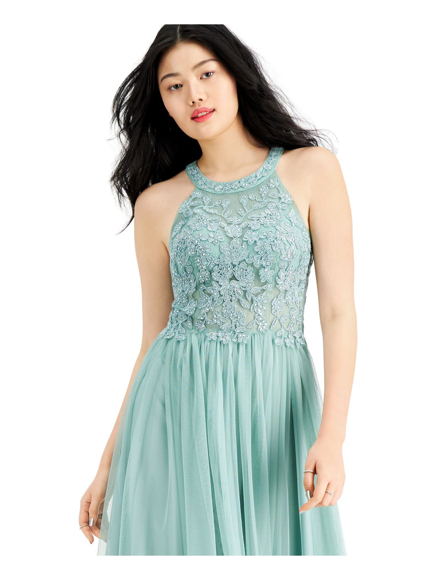 SPEECHLESS Womens Green Embellished Lace Gown Sleeveless Halter Full-Length Prom Gown Dress 7