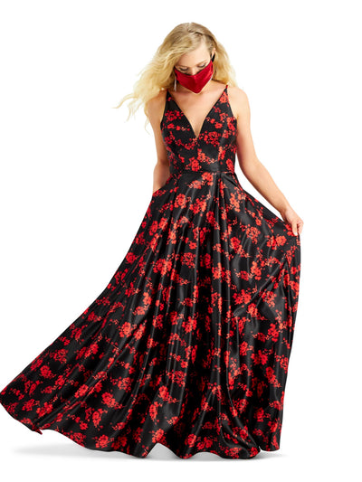 BLONDIE NITES Womens Black Zippered Floral Sleeveless V Neck Full-Length Prom Fit + Flare Dress 11