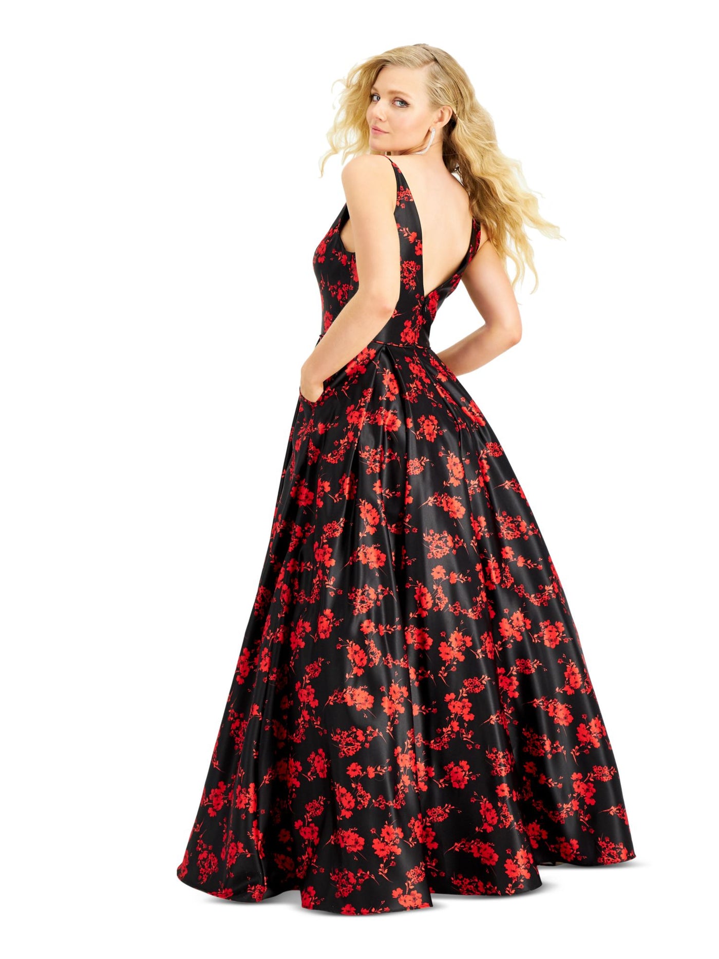 BLONDIE NITES Womens Red Zippered Floral Sleeveless V Neck Full-Length Prom Fit + Flare Dress 1