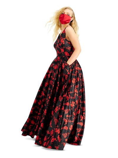 BLONDIE NITES Womens Black Zippered Floral Sleeveless V Neck Full-Length Prom Fit + Flare Dress 11