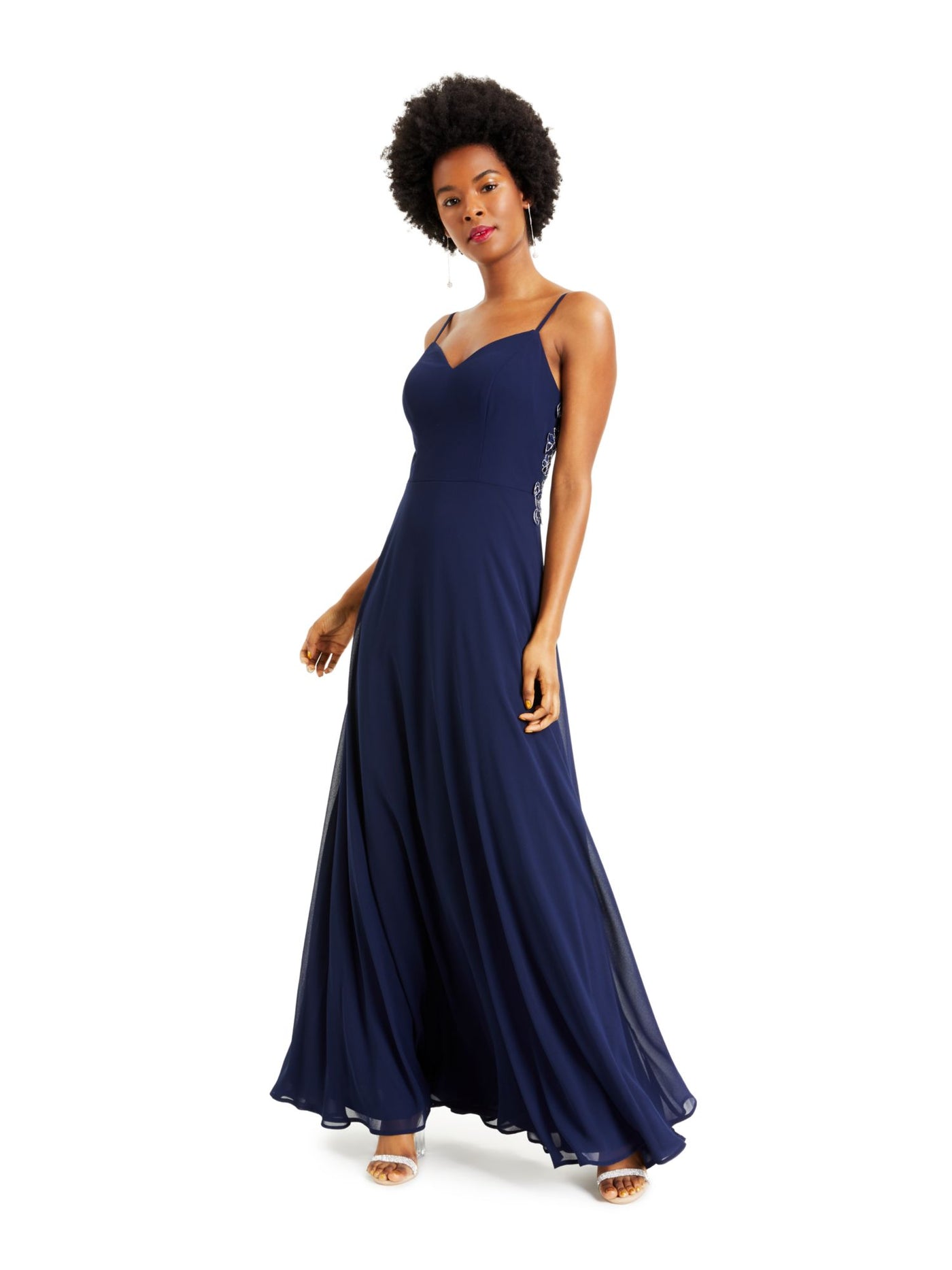 SPEECHLESS Womens Navy Low Back Sleeveless V Neck Full-Length Fit + Flare Prom Dress 5