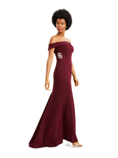 SPEECHLESS Womens Burgundy Beaded Off Shoulder Full-Length Evening Sheath Dress 5