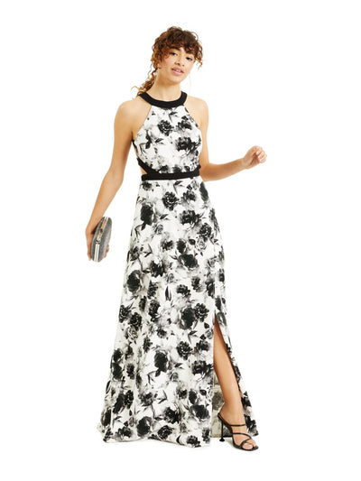 SPEECHLESS Womens White Slitted Zippered Floral Sleeveless Halter Full-Length Prom Dress Juniors 11