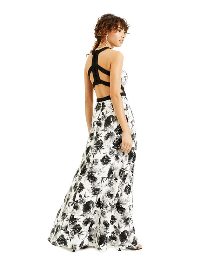 SPEECHLESS Womens White Slitted Zippered Floral Sleeveless Halter Full-Length Prom Dress Juniors 11