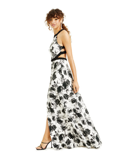 SPEECHLESS Womens White Slitted Gown Floral Sleeveless Halter Full-Length Prom Dress 3