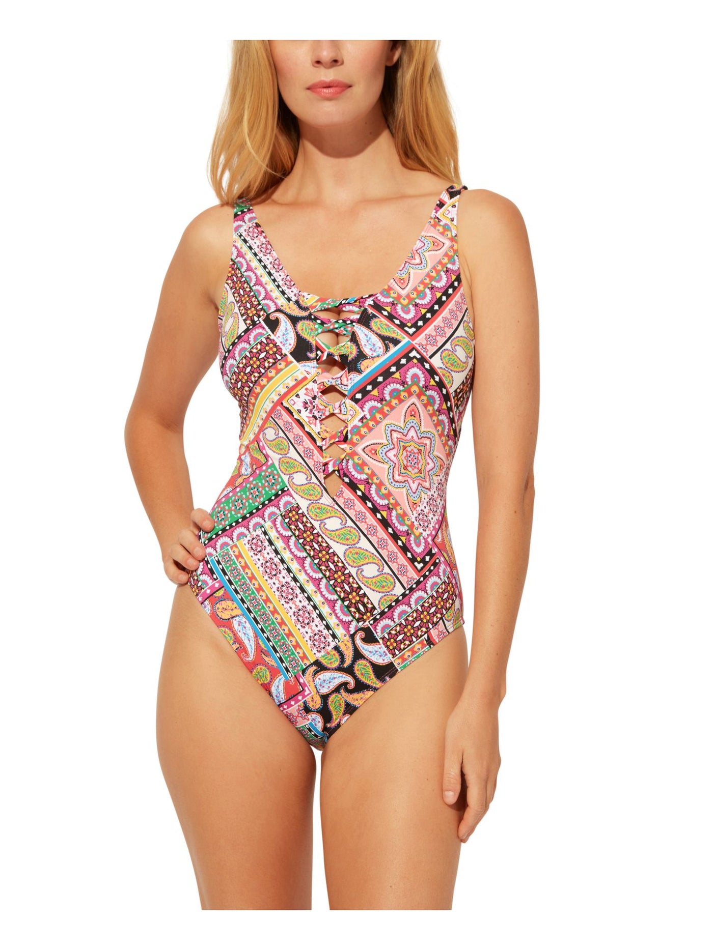 BLEU Women's Multi Color Stretch Moderate Coverage Deep V Neck One Piece Swimsuit 8